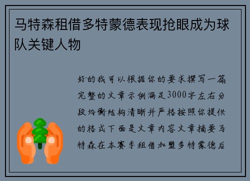 马特森租借多特蒙德表现抢眼成为球队关键人物
